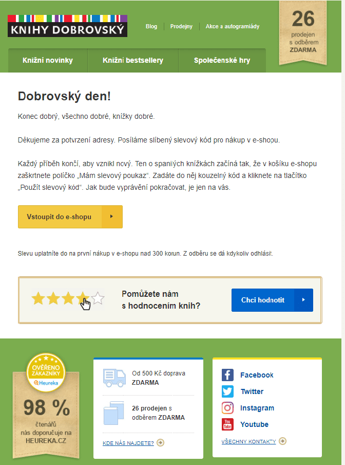 Jeden z možných e-mailů, který uživatel obdržel po potvrzení své adresy.